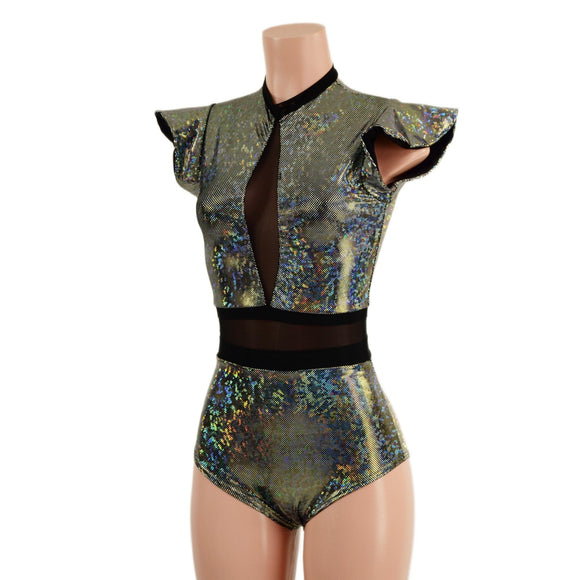 Silver Kaleidoscope Romper with Inset Mesh Keyhole Neckline - Coquetry Clothing