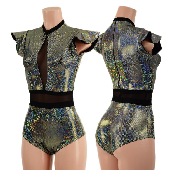 Silver Kaleidoscope Romper with Inset Mesh Keyhole Neckline - Coquetry Clothing