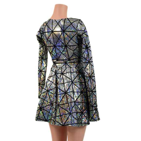 Silver on Black Cracked Tiles Long Sleeve Skater Dress - Coquetry Clothing