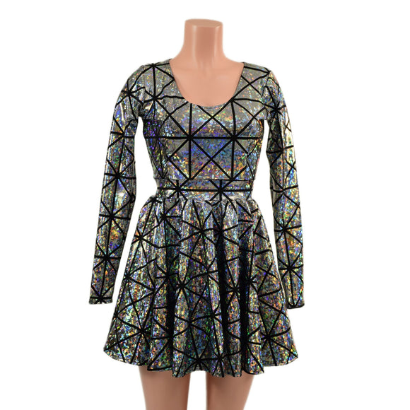 Silver on Black Cracked Tiles Long Sleeve Skater Dress - Coquetry Clothing