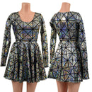 Silver on Black Cracked Tiles Long Sleeve Skater Dress - Coquetry Clothing