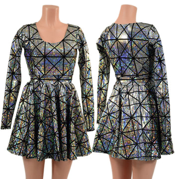 Silver on Black Cracked Tiles Long Sleeve Skater Dress - Coquetry Clothing