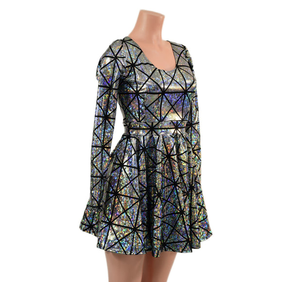 Silver on Black Cracked Tiles Long Sleeve Skater Dress - Coquetry Clothing