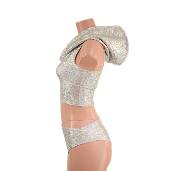 Silver/Pink Scale Racerback Crop Hoodie and Midrise Brazilian Siren Shorts Set - Coquetry Clothing
