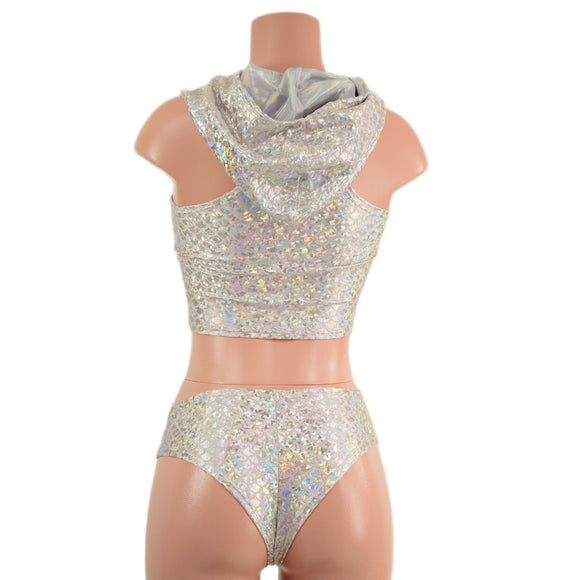 Silver/Pink Scale Racerback Crop Hoodie and Midrise Brazilian Siren Shorts Set - Coquetry Clothing
