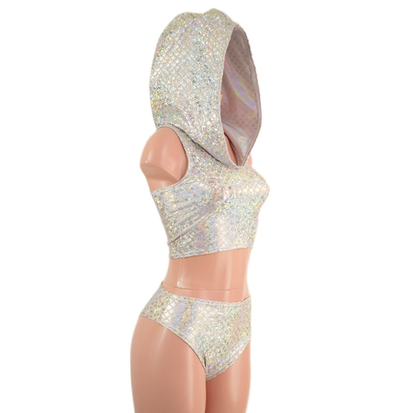 Silver/Pink Scale Racerback Crop Hoodie and Midrise Brazilian Siren Shorts Set - Coquetry Clothing
