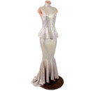 Silver/Pink Scale Sleeveless Puddle Train Gown with Peplum and Back Zipper - Coquetry Clothing