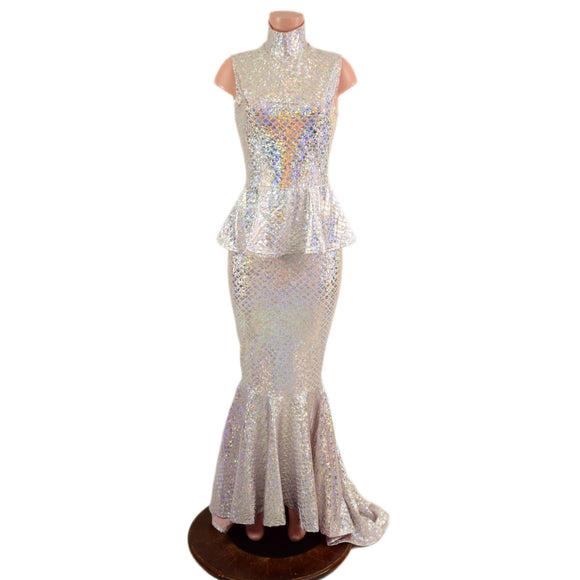 Silver/Pink Scale Sleeveless Puddle Train Gown with Peplum and Back Zipper - Coquetry Clothing