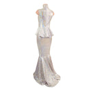 Silver/Pink Scale Sleeveless Puddle Train Gown with Peplum and Back Zipper - Coquetry Clothing