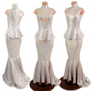 Silver/Pink Scale Sleeveless Puddle Train Gown with Peplum and Back Zipper - Coquetry Clothing