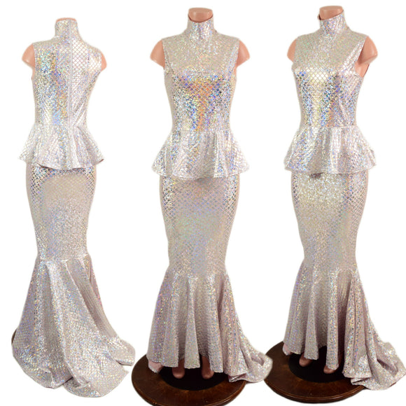 Silver/Pink Scale Sleeveless Puddle Train Gown with Peplum and Back Zipper - Coquetry Clothing