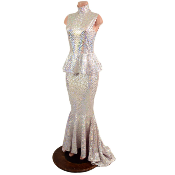 Silver/Pink Scale Sleeveless Puddle Train Gown with Peplum and Back Zipper - Coquetry Clothing