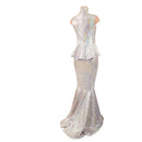 Silver/Pink Scale Sleeveless Puddle Train Gown with Peplum and Back Zipper - Coquetry Clothing
