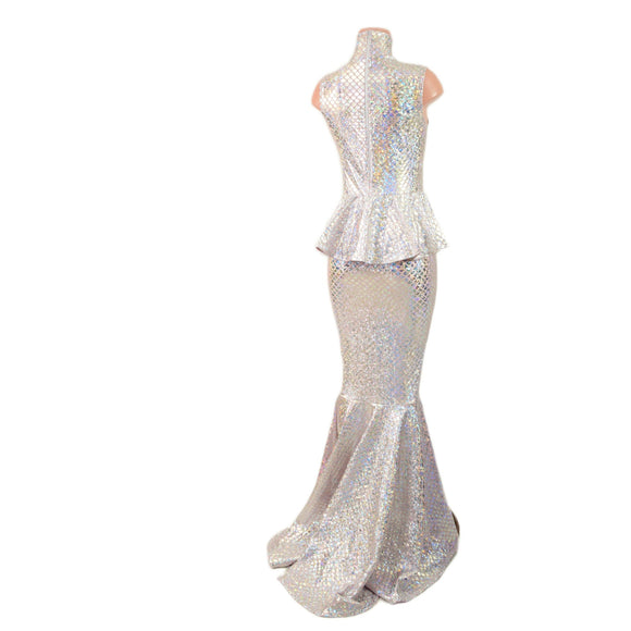 Silver/Pink Scale Sleeveless Puddle Train Gown with Peplum and Back Zipper - Coquetry Clothing