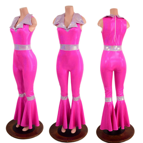 Sleeveless, Bell Bottom Catsuit with Waist and Knee Band Contrast - Coquetry Clothing