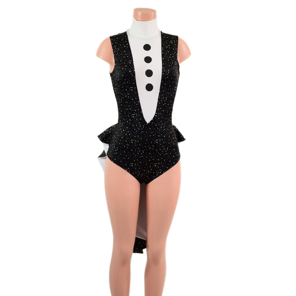 Sleeveless Faux Tux Romper with Tails, Tie, and Turtleneck - Coquetry Clothing