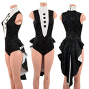 Sleeveless Faux Tux Romper with Tails, Tie, and Turtleneck - Coquetry Clothing