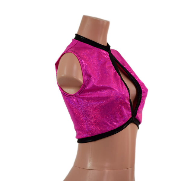 Sleeveless Keyhole Top in Neon Pink Sparkly Jewel - 4