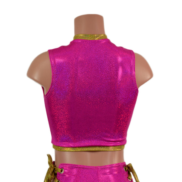 Sleeveless Keyhole Top in Neon Pink Sparkly Jewel - 2