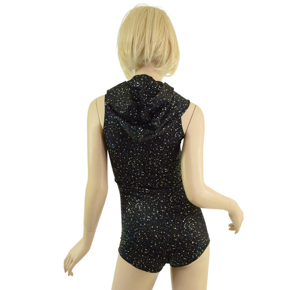 Sleeveless Star Noir Romper with Self Lined Hood and Boy Cut Leg - Coquetry Clothing
