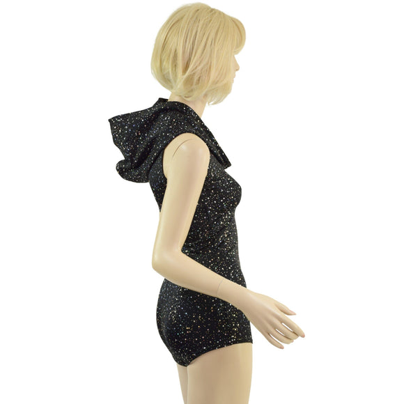 Sleeveless Star Noir Romper with Self Lined Hood and Boy Cut Leg - Coquetry Clothing