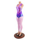 Sleeveless V neck Full Length Catsuit with V Front & Purple Color Blocking - Coquetry Clothing