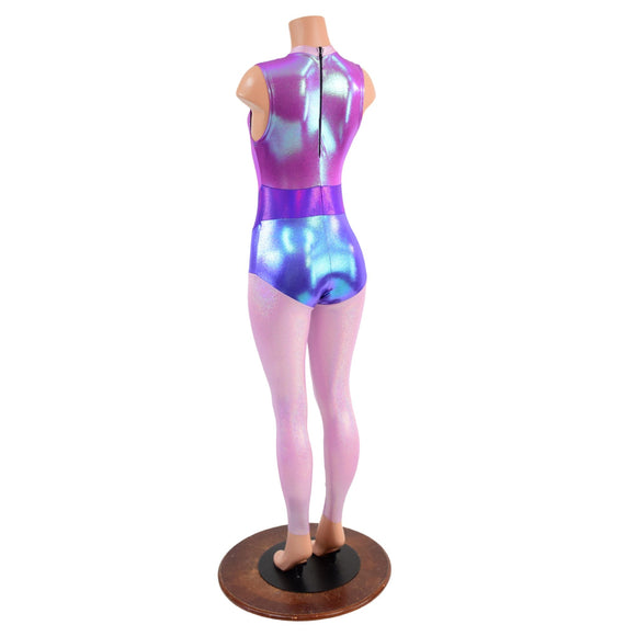 Sleeveless V neck Full Length Catsuit with V Front & Purple Color Blocking - Coquetry Clothing