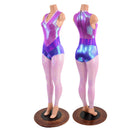 Sleeveless V neck Full Length Catsuit with V Front & Purple Color Blocking - Coquetry Clothing