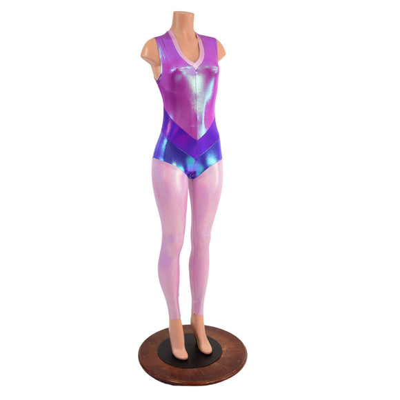 Sleeveless V neck Full Length Catsuit with V Front & Purple Color Blocking - Coquetry Clothing