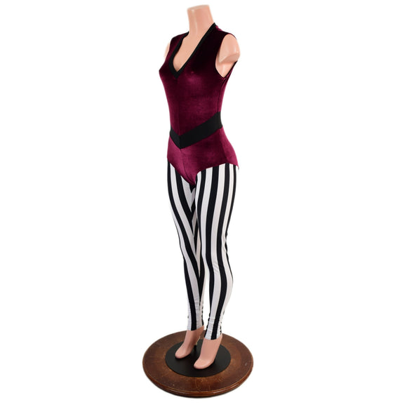 Sleeveless V neck Full Length Catsuit with V Front & Stripes - Coquetry Clothing