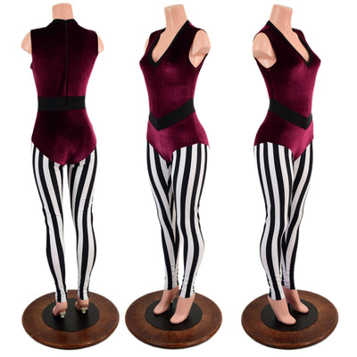 Sleeveless V neck Full Length Catsuit with V Front & Stripes - Coquetry Clothing