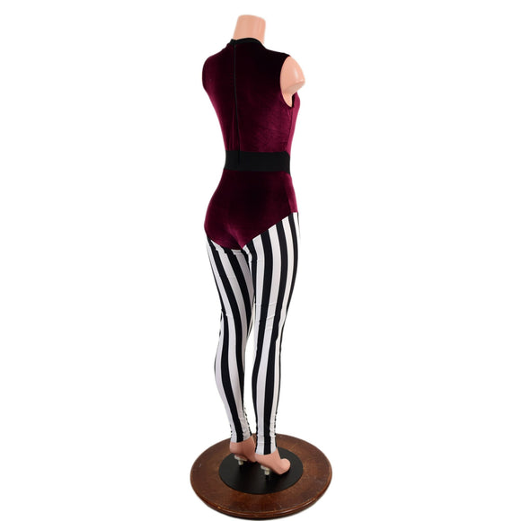 Sleeveless V neck Full Length Catsuit with V Front & Stripes - Coquetry Clothing