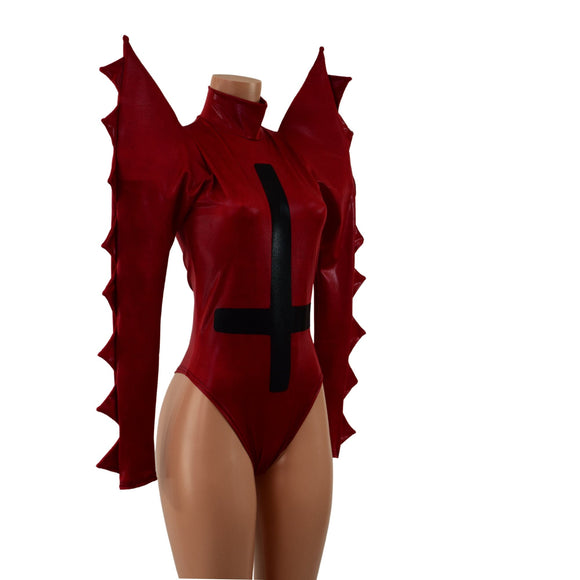 Small Ready to Ship Coagulant Red Spiked Romper with Inverted Cross - Coquetry Clothing