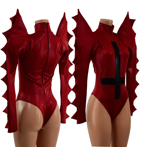 Small Ready to Ship Coagulant Red Spiked Romper with Inverted Cross - Coquetry Clothing