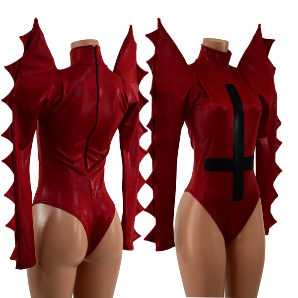 Coagulant Red Spiked Romper with Inverted Cross - 1