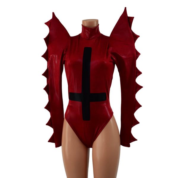Coagulant Red Spiked Romper with Inverted Cross - 2