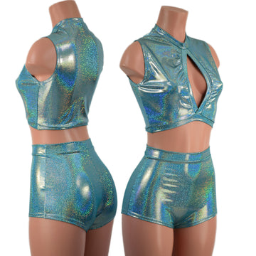 Small Ready to Ship High Waist Pinup Shorts and Keyhole Top Set - Coquetry Clothing