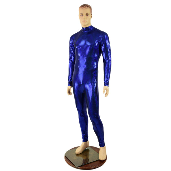 Small Ready to Ship Mens Blue Long Sleeve Catsuit with Turtleneck and Back Zipper - Coquetry Clothing