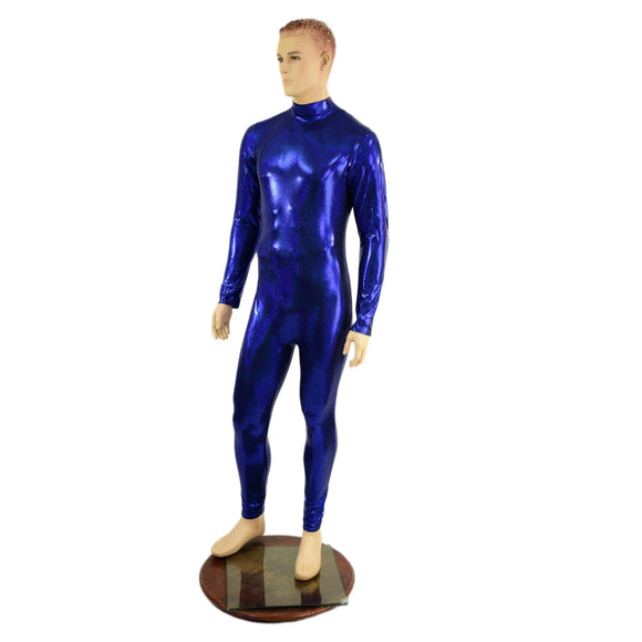 Small Ready to Ship Mens Blue Long Sleeve Catsuit with Turtleneck and Back Zipper - Coquetry Clothing