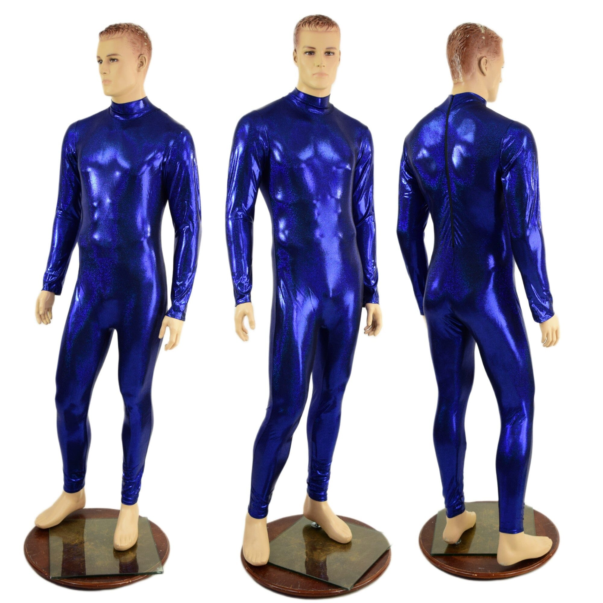 Small Ready to Ship Mens Blue Long Sleeve Catsuit with Turtleneck and Back Zipper - Coquetry Clothing