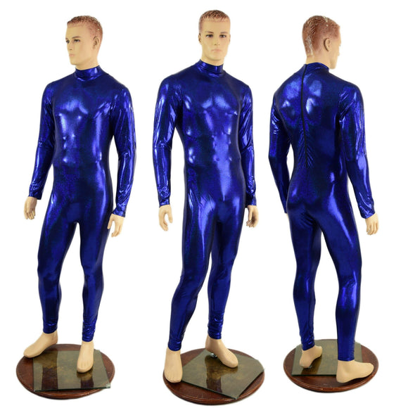 Small Ready to Ship Mens Blue Long Sleeve Catsuit with Turtleneck and Back Zipper - Coquetry Clothing