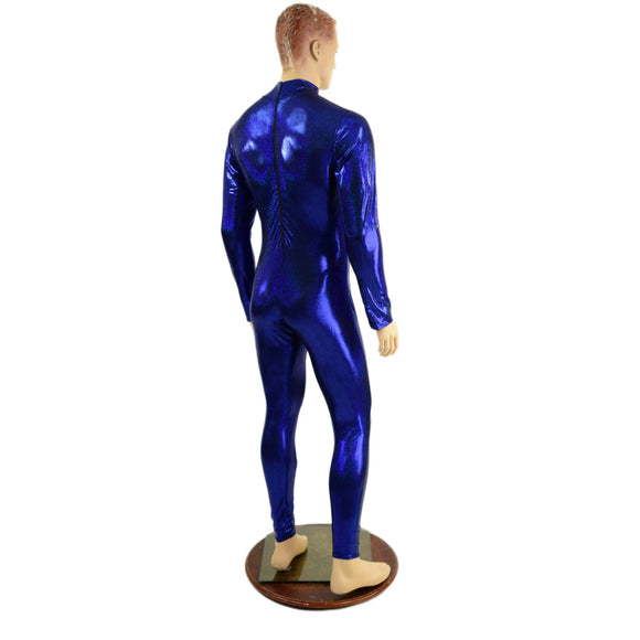 Small Ready to Ship Mens Blue Long Sleeve Catsuit with Turtleneck and Back Zipper - Coquetry Clothing