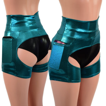 Small Ready to Ship Teal Metallic Short Chaps with Side Pockets - Coquetry Clothing