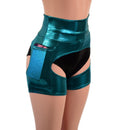 Small Ready to Ship Teal Metallic Short Chaps with Side Pockets - Coquetry Clothing