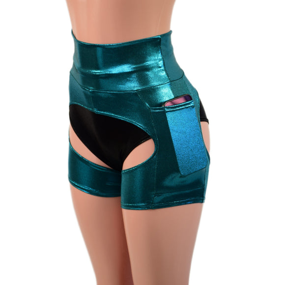 Small Ready to Ship Teal Metallic Short Chaps with Side Pockets - Coquetry Clothing