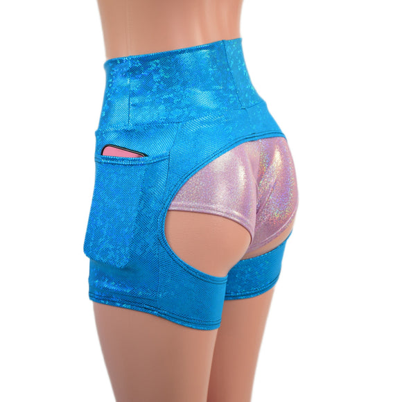 Small Ready to Ship Turquoise Kaleidoscope Short Chaps with Side Pockets - Coquetry Clothing