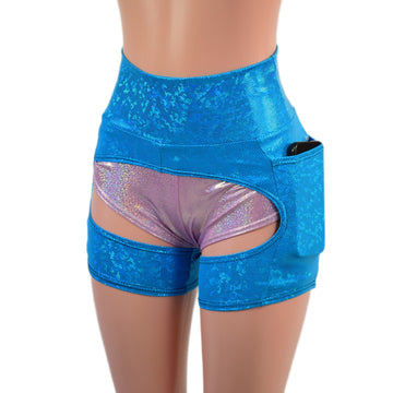 Small Ready to Ship Turquoise Kaleidoscope Short Chaps with Side Pockets - Coquetry Clothing