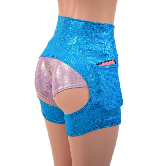 Small Ready to Ship Turquoise Kaleidoscope Short Chaps with Side Pockets - Coquetry Clothing