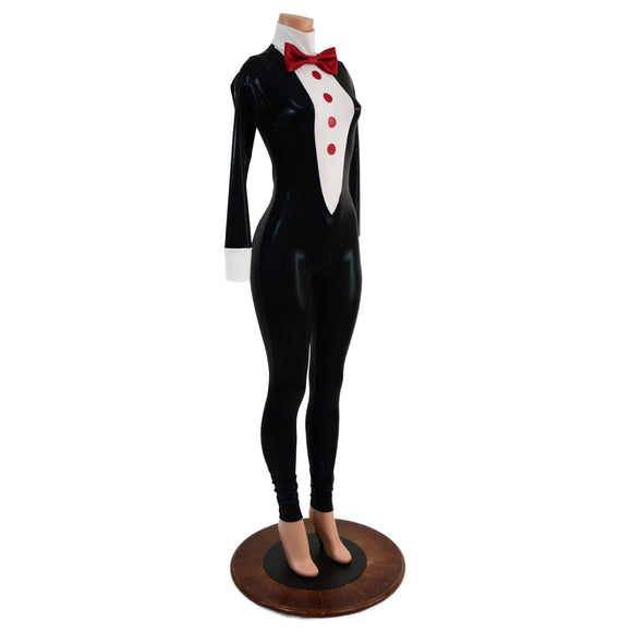 Small Ready to Ship Womens Faux Tuxedo Catsuit with Red Buttons and Bow Tie - Coquetry Clothing