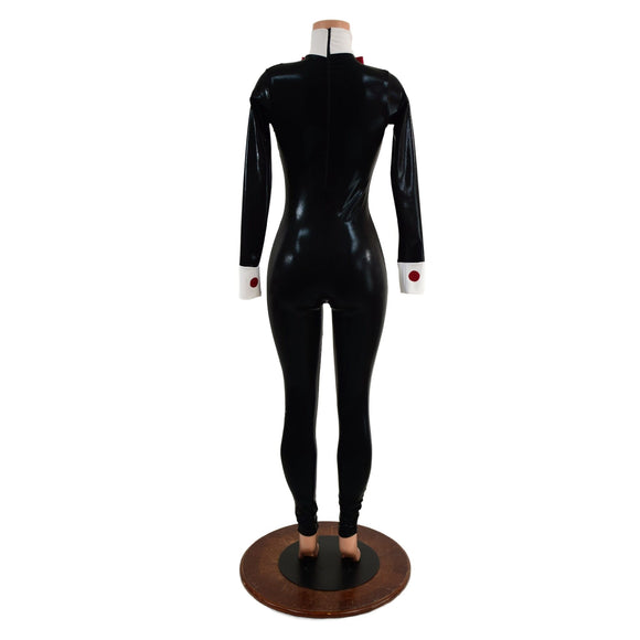 Small Ready to Ship Womens Faux Tuxedo Catsuit with Red Buttons and Bow Tie - Coquetry Clothing